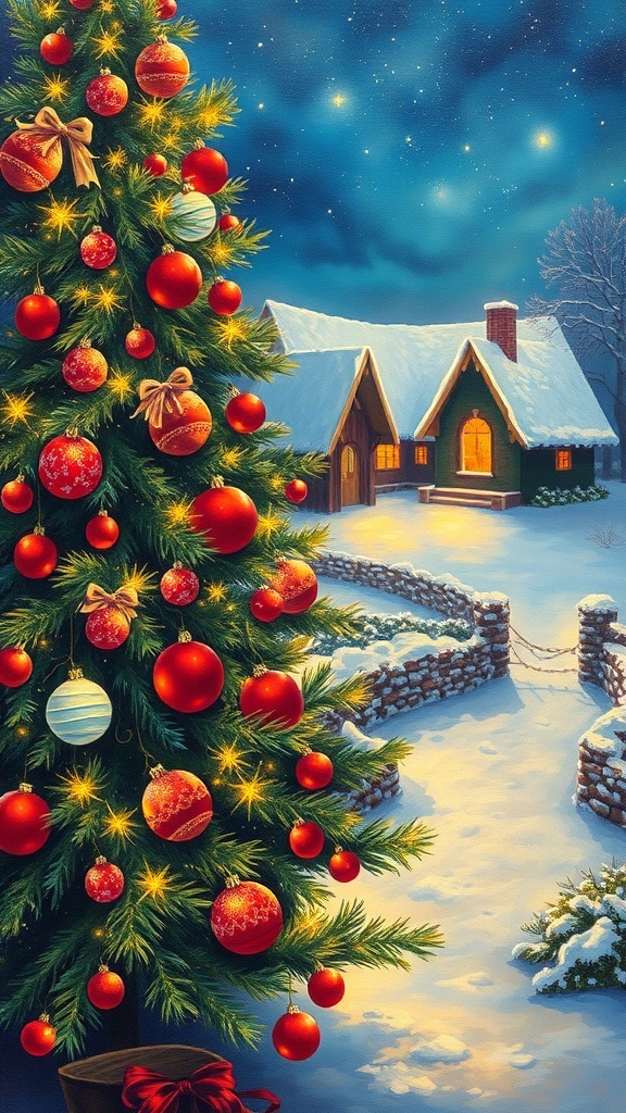 A festive Christmas painting with a decorated tree and snowy landscape.